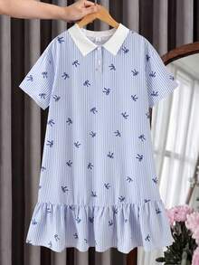SHEIN 青少年女孩 Polo 領藍白條紋櫻桃印花短袖中長洋裝，返校季 - 藍色 - 查看 2