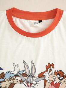 LOONEY TUNES X SHEIN 男士卡通印花圓領短袖上衣與短褲居家休閒套裝 - 紅白色 - 查看 3