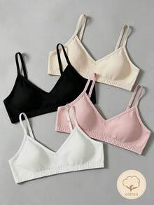 4pcs Girls' Bra Set, Traceable Cotton, Student Wear, Removable Cups, Black, White, Apricot, Pink Autumn Fall - Multicolor - View 4