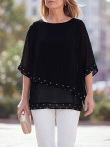 EMERY ROSE Casual Polka-Dot Print Crew-Neck Shirt For Middle-Aged And Older Women - Black - View 6