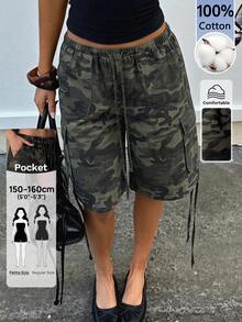Sinnesro WOMEN Cargo Utility Long Shorts Military Combat Style Drawstring Elastic Waist Summer Spring Casual Pockets Bermuda Length Outdoor Hiking Walking ,Petite Women - Army Green - View 10