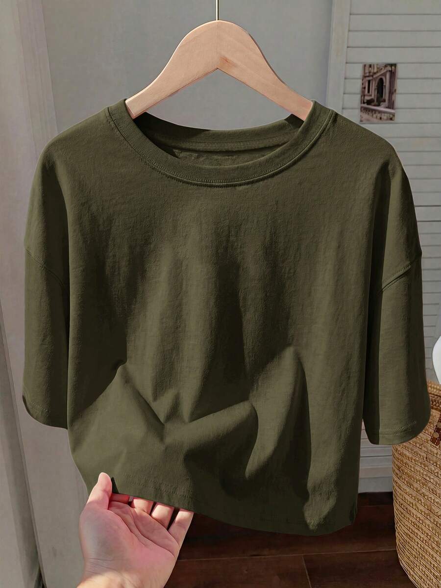 Comfortcana Summer Casual Versatile Solid Color Short Sleeve T-Shirt Home Dark Green - Olive Green - View 1