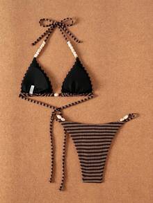 Swim Vcay Women's Summer Beach Striped Colorblock Halter Tie Sexy Bikini And Triangle Bottom Two-Piece Swimsuit Set - Coffee Brown - View 2