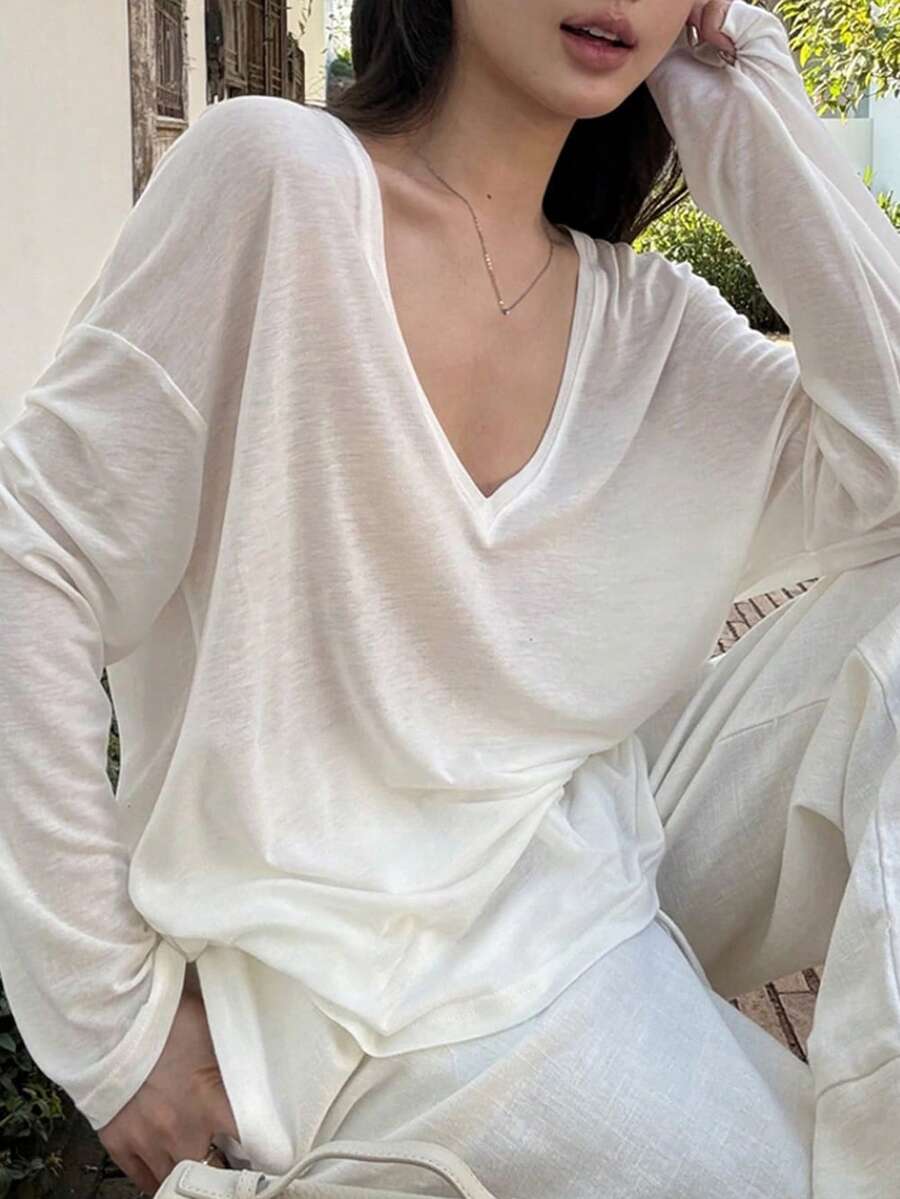 DAZY Solid Color Loose Long Sleeve V-Neck Casual Vacation Spring Autumn Pullover Top Women's T-Shirt Oversized Tshirts For Women - White - View 1