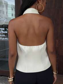 SHEIN BAE Women's Casual Elegant Sexy Commute Halter Neck Backless Tank Top Small Stand Collar Front Zipper Off-White Brunch Date Night Night Out Summer - Beige - View 2