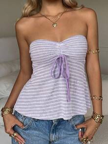 CovetEZ Purple And White Striped Ruched Bandeau Top, Summer Vacation Cute - Mauve Purple - View 6