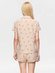 Bonmuse 2pcs Comfortable Plaid Teddy Bear Print Pajama Set, Short Sleeve Collared Top With Pocket And Bow Shorts, Women Sleepwear Homewear For All Seasons - Brown - View 2