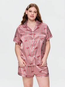 Bonmuse Plus Size Women Bowknot Striped Print Short Sleeve Shorts Pajama Set - Red - View 4