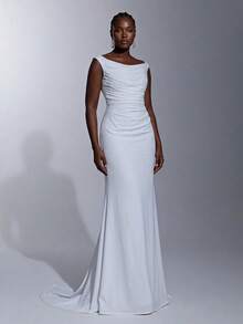 Elitara Plus Size Elegant Classy Formal Dinner Deep U-Neck Ruffled Corset Bodice Mermaid Hem Wedding Party Evening Dress Gown Long White Autumn - White - View 7