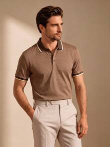 Core Aspect Men's Business Button Half-Placket Short Sleeve Polo Shirt, Ceremony - Brown - View 5