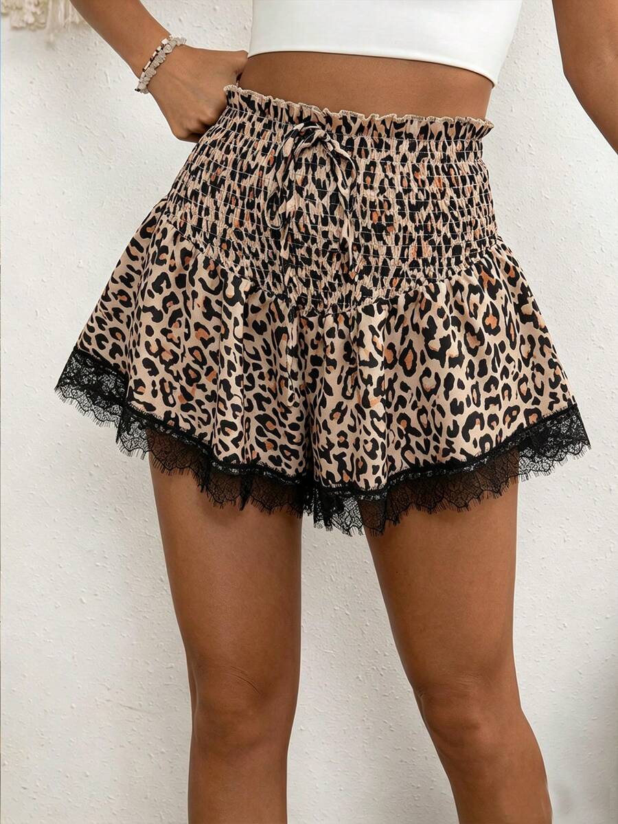 SHEIN Holidaya Falda pantalón de moda para mujer con estampado de leopardo, volantes, lazo en la cintura, cierre delantero y encaje en contraste - Multicolor - Ver 1