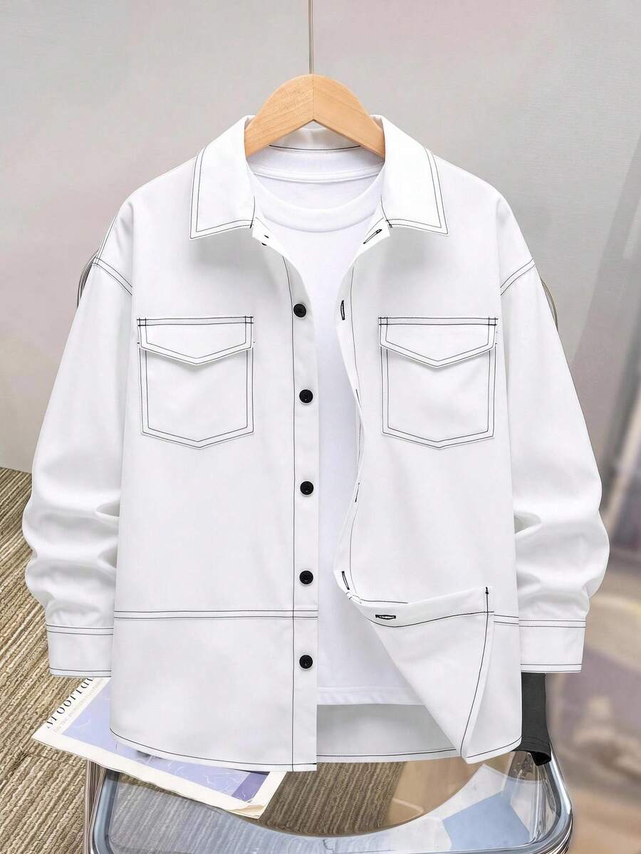 SHEIN 兒童青少年男孩休閒拼色對比縫線翻領白色襯衫，秋季衣物，秋冬衣物，冬季衣物，適合秋冬/冬季，學校，返校，運動