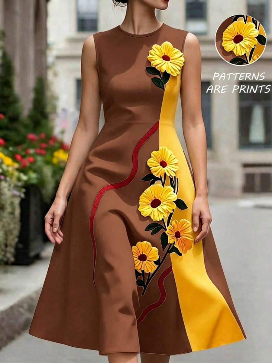 SHEIN LUNE 女款圓領 3D 花卉裝飾拼接色休閒派對中長洋裝 - 咖啡 - 查看 1