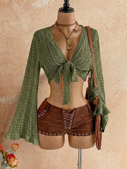 Soleia Áo len dệt kim nữ màu trơn phong cách casual gợi cảm boho đa năng mặc hàng ngày đi du lịch mùa thu màu xanh ô liu
