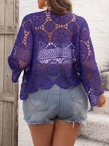 SHEIN VCAY Cardigan de punto calado para vacaciones talla grande otoño - Azul - Ver 2