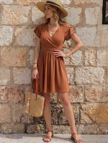 EMERY ROSE Vestido casual de unicolor con cuello en V, volantes en el bajo y cintura, para el verano - Marrón - Ver 2