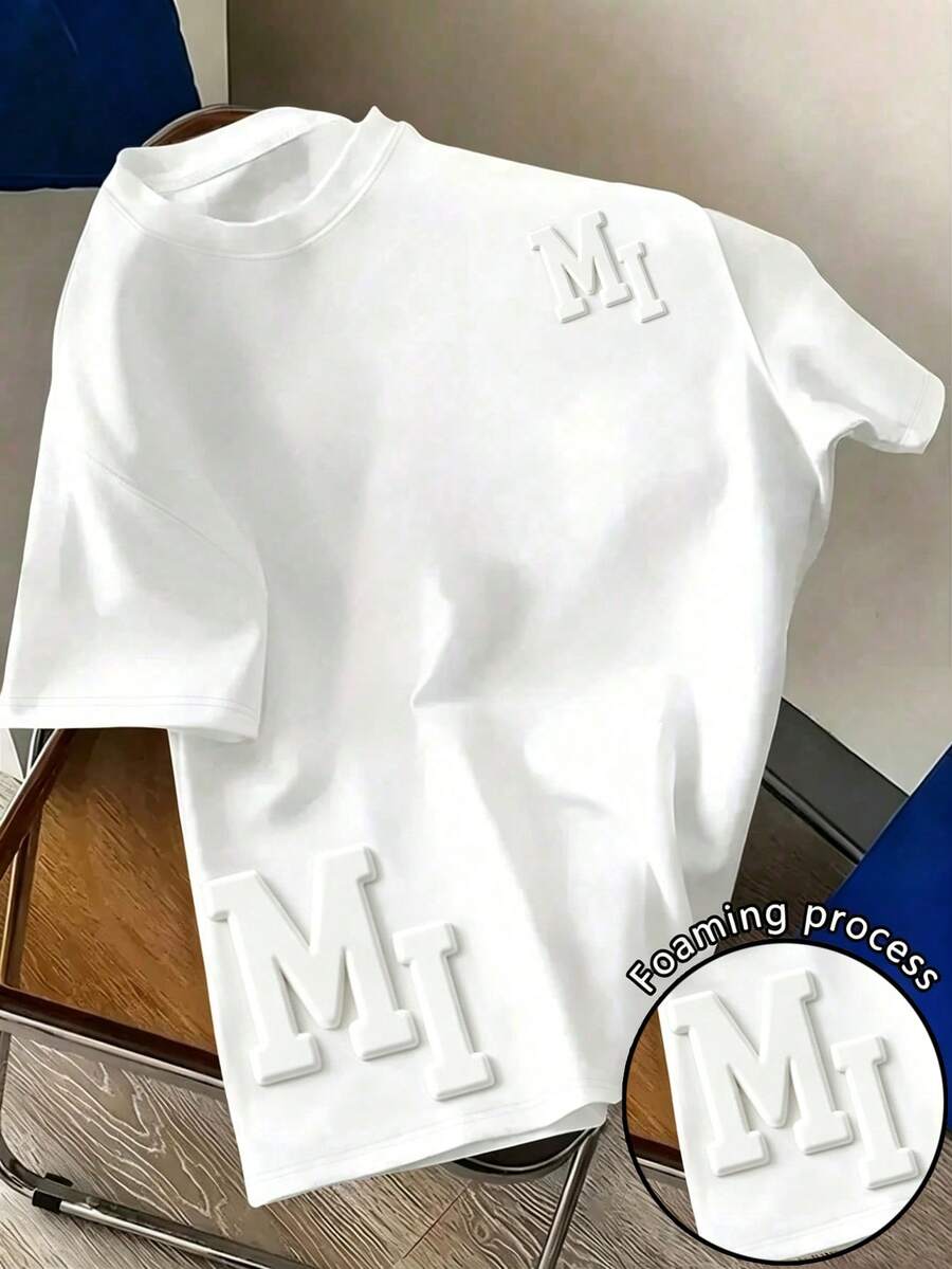 Resyla 3D Foam MI Letter Short Sleeve Solid Color All-Match Versatile T-Shirt Minimalist Foam MI White T-Shirt Daily Commute Versatile All-Match Top - White - View 1