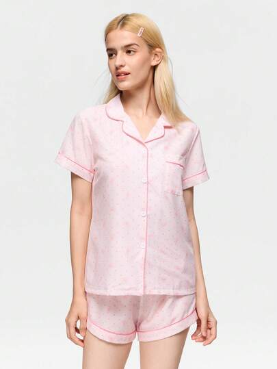 Bonmuse Polka Dot Bow Print Women Bubble Crinkle Short Sleeve Shorts Pajama Set