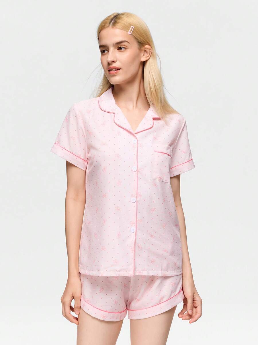 Bonmuse Polka Dot Bow Print Women Bubble Crinkle Short Sleeve Shorts Pajama Set - Pink - View 1