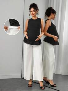 Momance Comfortable Slimming Maternity Set, High Elasticity Ruched Ruffle Top Paired With Four-Way Stretch Wide Leg Pants, Elegant Luxury Old Money Style Maternity Outfit 2-Piece Set - Multicolor - View 10