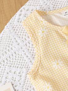 SHEIN Elladie kids 女童新款清新田園風精緻碎花兩件套，棕色蝴蝶結裝飾背心上衣 + 同款碎花寬腿長褲，甜美可愛時尚日常穿搭，夏季 - 黃色 - 查看 5