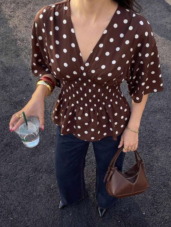 BizChic Brown Polka Dot Print V-Neck Cinched Waist Blouse, Elegant Sexy French Vintage Business Commute Date Daily Vacation Halloween Back To School Party Birthday Slimming Elegant Versatile Summer Autumn Wedding Guest Church Special Occasion Office Outing Beach Gathering Social Holiday Shopping Afternoon Tea Travel