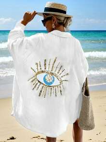 Blusa casual de vacaciones para mujer con decoración de rhinestones en los ojos - Blanco - Ver 6