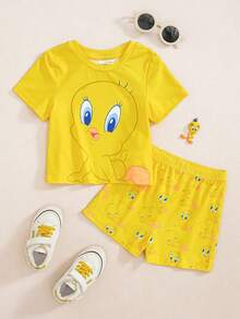 LOONEY TUNES X SHEIN Baby Girl Cartoon Print Round Neck Short Sleeve T-Shirt And Shorts Set - Yellow - View 1