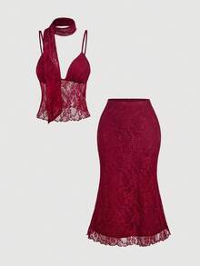 SHEIN MOD 女款蕾絲拼接細肩帶上衣與裙子性感約會套裝 - 酒紅色 - 查看 2