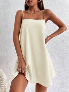 SHEIN PETITE 夏季休閒純色細肩帶迷你洋裝，波希米亞風，適合嬌小女性 - 杏色 - 查看 5