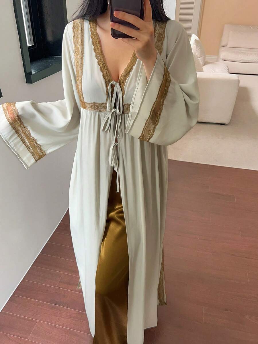 DAZY Camisón largo suelto de mujer con encaje, patchwork y lazo, estilo elegante de vacaciones para verano y otoño - Verde - Ver 1