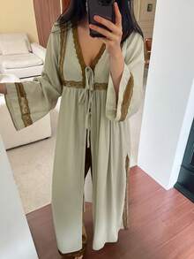 DAZY Camisón largo suelto de mujer con encaje, patchwork y lazo, estilo elegante de vacaciones para verano y otoño - Verde - Ver 5