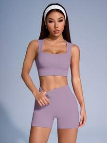 SHEIN Sovereign Charm 女款素色羅紋運動背心短褲套裝 - 淡紫色 - 查看 4