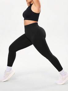 Solea Cove Seamless High Elasticity Plus Size Women's Sports Leggings - Black - View 4