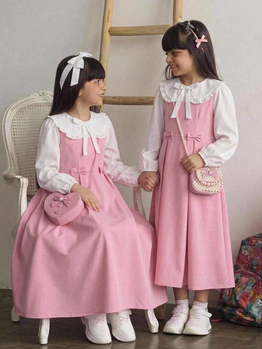 SHEIN Tween Girl 粉色與白色拼色中長洋裝,附蝴蝶結 - 粉色 - 查看 1