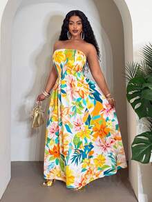 SHEIN CURVE+ Robe sans bretelles plissée à imprimé floral décontractée pour soirée pour femmes grandes tailles - Multicolore - Voir 3