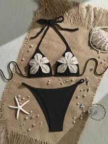 SHEIN Swim 女款新款比基尼套裝，黑色純色針織珍珠海星飾品設計，掛脖側綁繩設計，性感熱帶優雅比基尼套裝 - 黑色 - 查看 2