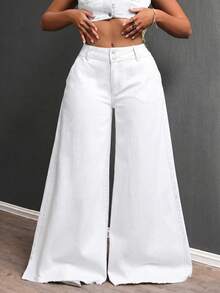 SHEIN ICON Plus Size Fashion Solid Color Wide Leg Jeans - White - View 1