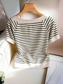 SHEIN Franclia Maglietta casual semplice a righe a maniche corte da donna - nero - View 2