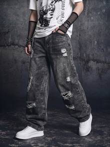 Vyqestra Men's Casual Distressed Loose Fit Slant Pocket Denim Jeans, Autumn Romwe Men Emo Ripped Baggy Manfinity Legnd Cotton Splash Ink Drip - Dark Grey - View 5