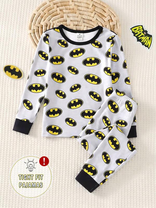 BATMAN X SHEIN Young Boy Cartoon Print Long Sleeve Top And Pants Comfortable Fitted Set Suitable For Home And Outings Versatile