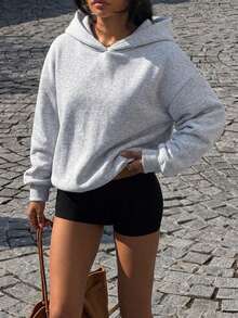 SHEIN EZwear 休閒極簡寬鬆連帽衛衣，美式復古圖案 - 淺灰色 - 查看 6