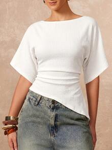 Lumalex Women's Knitted Textured Waist-Cinched Asymmetrical Hem T-Shirt - White - View 6