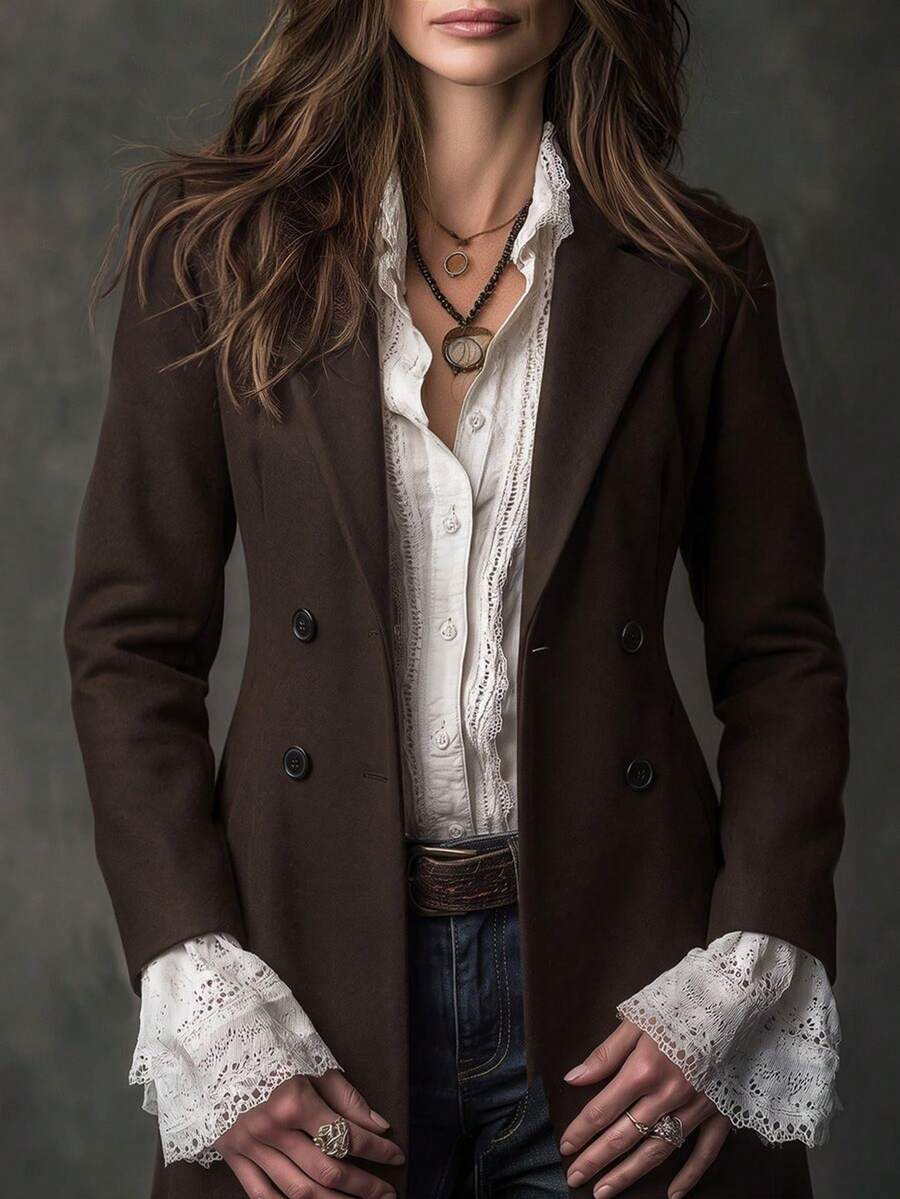 Solivie 女士休闲日常通勤简约纯色翻领双排扣大衣,秋冬季,女士冬装 - 咖啡棕 - 查看 1