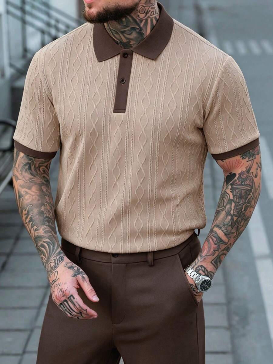 Manfinity CasualCool 男士夏季休閒拼色拼接 Polo 衫 - 卡其色 - 查看 1