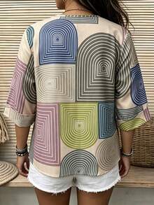 Linhara CURVE Plus Size Women's Casual Printed Vacation Shirt Blouse, Vintage All-Over Print, Notch Collar, Long Sleeve, Wooden Button Decor, Suitable For Daily Casual Outings, Walking, Countryside Vacation, Vintage Music Party, Western Style - Multicolor - View 2