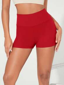 SHEIN BASICS 女款紅色寬腰帶彈性纖維單車短褲 夏季女用 - 紅色 - 查看 6