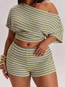 SHEIN BAE CURVE 大尺碼女款黃色不對稱領無袖上衣與迷你短褲2件套休閒裝 - 淡黃色 - 查看 2
