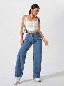 Flirla Plus Size Women Non-Stretch Denim Wide Leg Jeans Cowboy Casual Loose Fit Formal Vacation Blue Summer - Medium Wash - View 3