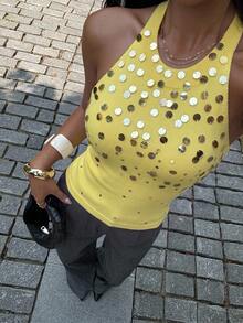 Siren Gaze Spaghetti Strap U-Shaped Backless Sequin Knit Top, Sequin Embroidered Camisole Top Night Party Yellow Autumn Sexy - Light Yellow - View 1